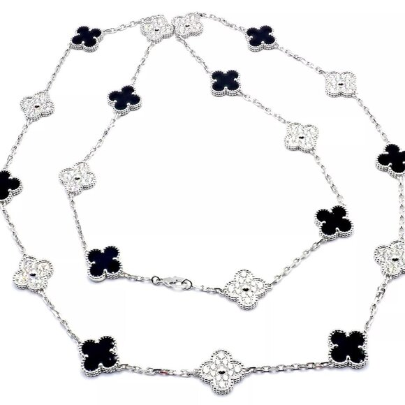Van Cleef & Arpels 18k White Gold 20 Motif Alhambra Diamond Black Onyx Necklace - Picture 5 of 9